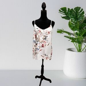 White House Black Market Floral Satin Cami in White with Pink & Blue Accents
